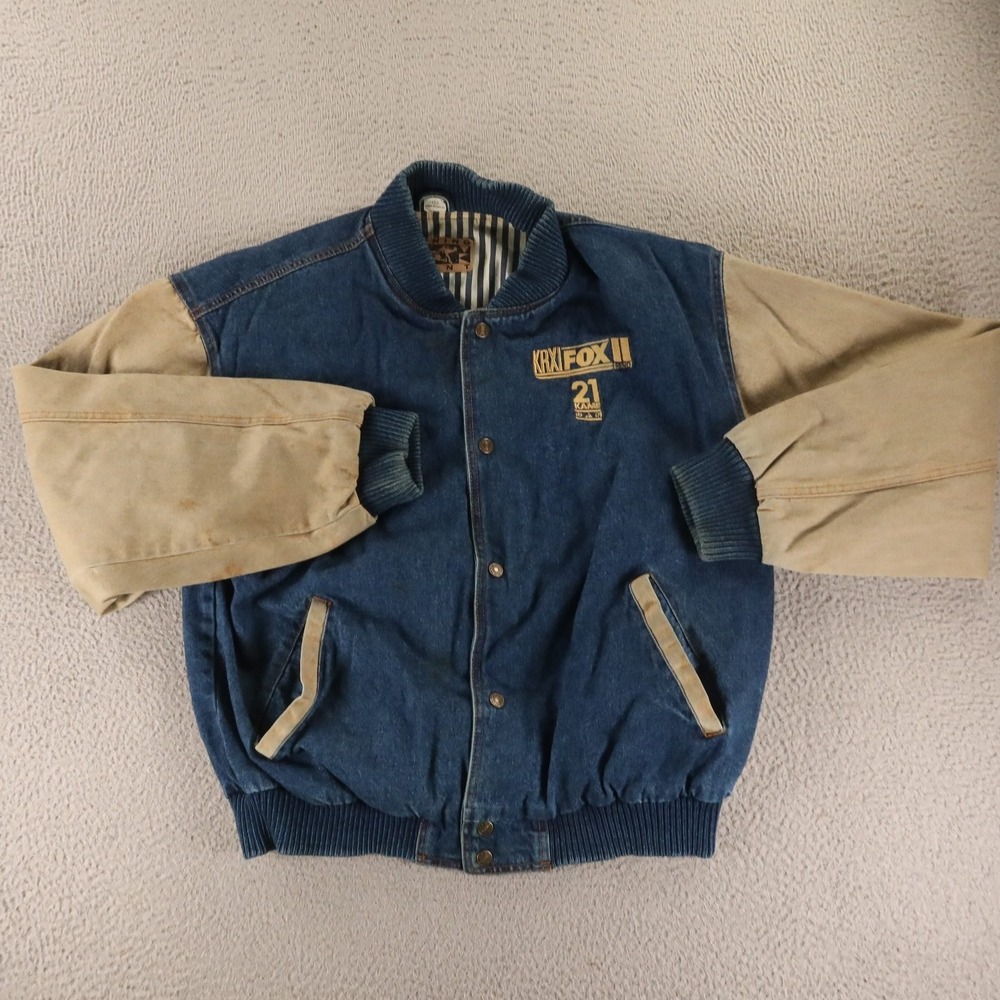 VTG Turning Point Jacket Mens L Blue Cotton Varsity Jacket Bomber Denim Fox Reno